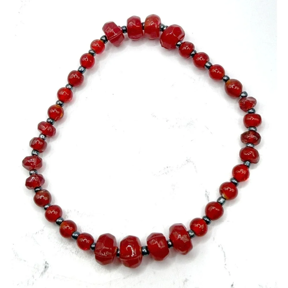 Red Glass Bead Stretch‎ Bracelet Feminine Gunmetal Spacer Stackable 7.75